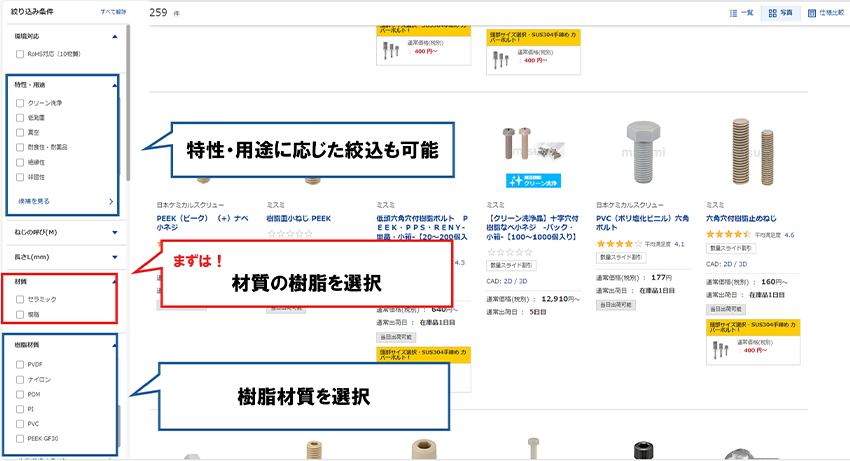 材質や表面処理の条件を選択 径（Ｍ）のサイズを指定 長さ（Ｌ）を指定 ねじ頭の形状の条件を選択