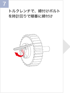 トルクレンチで、締付けボルトを時計回りで順番に締付け